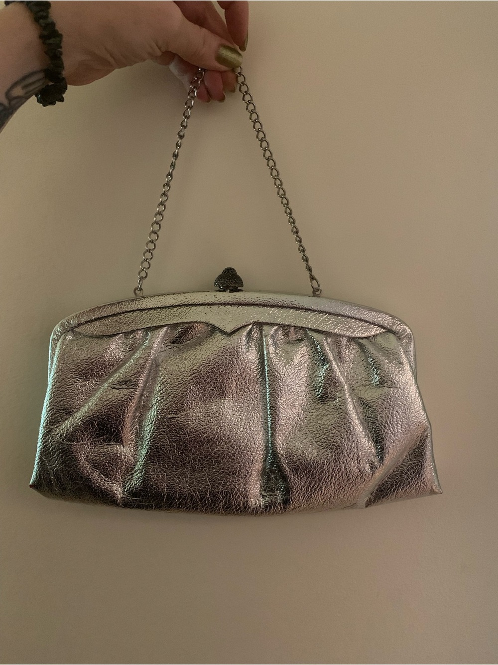 Vintage Silver Metallic Evening Clutch Bag with Chain Handle